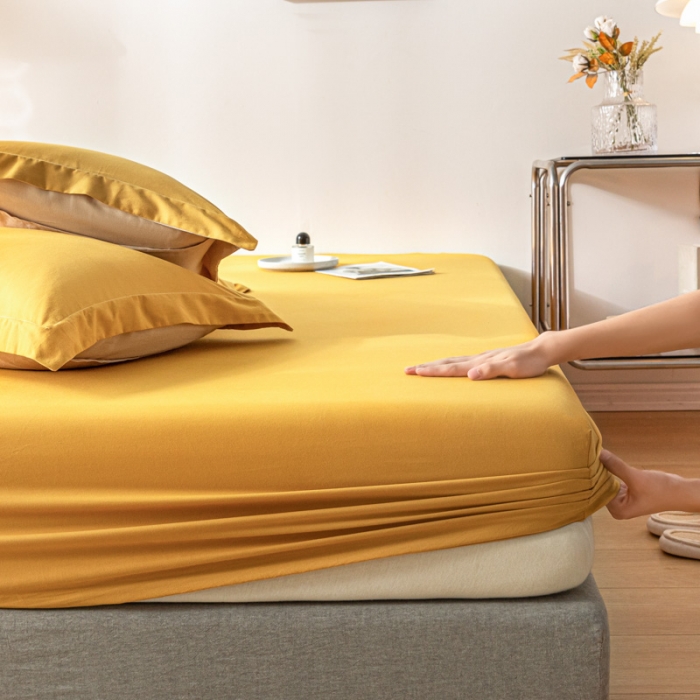 91家纺网 家纺一手货源 找家纺 秀色 秋冬60支纯色全棉磨毛床笠三件套纯棉加厚保护罩 落日黄