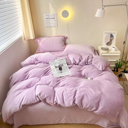 91家纺网 家纺一手货源 找家纺 顾里家纺 新款Chic奶油嵌绳撞色牛奶绒四件套-第 一组 风信紫