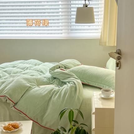 91家纺网 家纺一手货源 找家纺 总顾里家纺 新款Chic奶油嵌绳撞色牛奶绒四件套-第 一组