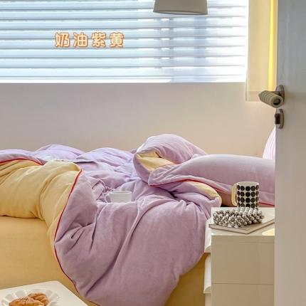 91家纺网 家纺一手货源 找家纺 总顾里家纺 新款Chic奶油嵌绳撞色牛奶绒四件套-第 一组