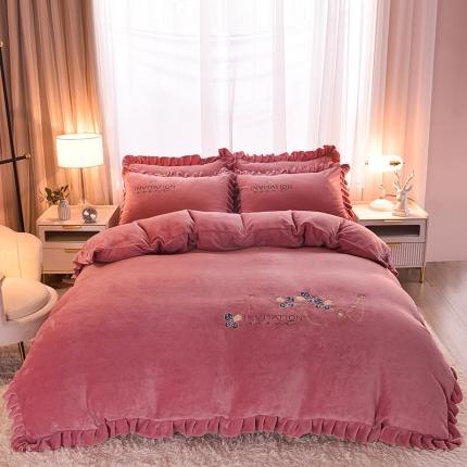 91家纺网 家纺一手货源 找家纺 （总）畅畅家纺 2022新款韩版荷叶边刺绣牛奶绒四件套