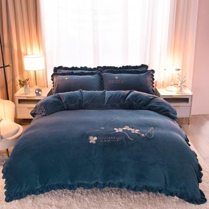 畅畅家纺 2022新款韩版荷叶边刺绣牛奶绒四件套 一枝独秀-宾利蓝