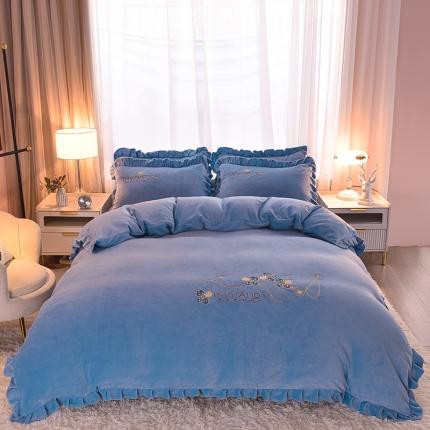 畅畅家纺 2022新款韩版荷叶边刺绣牛奶绒四件套 一枝独秀-天空蓝