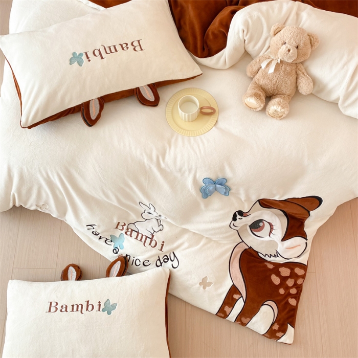 91家纺网 家纺一手货源 找家纺 朗莎 2022新款迪士尼230g高克重牛奶绒四件套 比比鹿