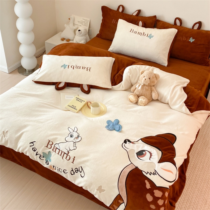 91家纺网 家纺一手货源 找家纺 朗莎 2022新款迪士尼230g高克重牛奶绒四件套 比比鹿