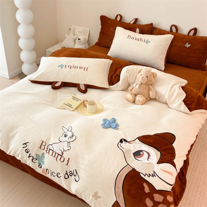 91家纺网 家纺一手货源 找家纺 朗莎 2022新款迪士尼230g高克重牛奶绒四件套 比比鹿