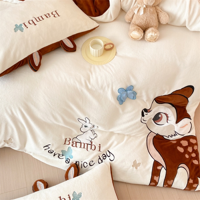 91家纺网 家纺一手货源 找家纺 朗莎 2022新款迪士尼230g高克重牛奶绒四件套 比比鹿