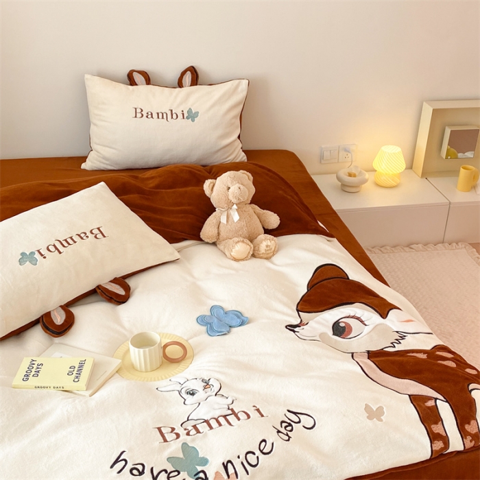 91家纺网 家纺一手货源 找家纺 朗莎 2022新款迪士尼230g高克重牛奶绒四件套 比比鹿