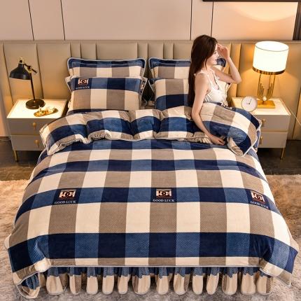 91家纺网 家纺一手货源 找家纺 新8.5-9.5斤法莱绒四件套珊瑚牛奶金貂绒四件套床裙蓝大格