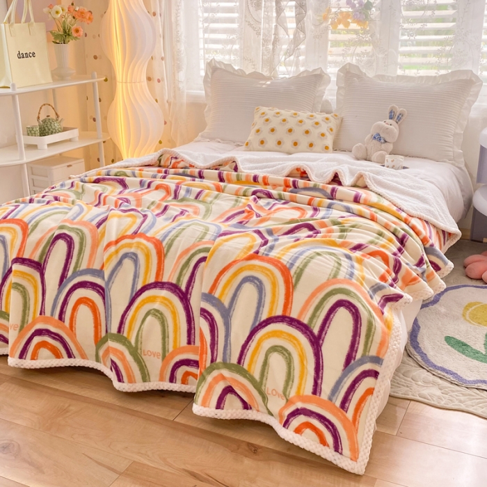 91家纺网 家纺一手货源 找家纺 绒兔兔 2022新款牛奶绒印花毯子 涂鸦彩虹