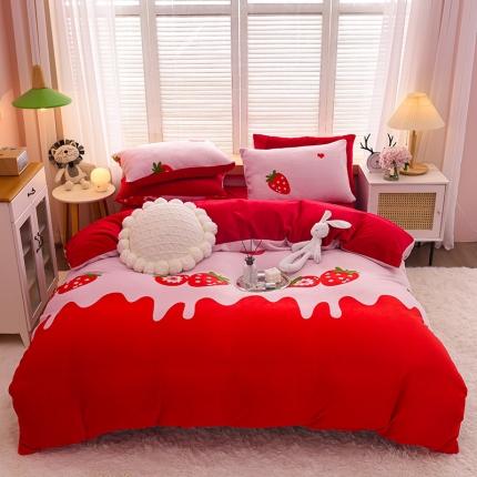 91家纺网 家纺一手货源 找家纺 芃成 2022新款加厚双面牛奶绒印花床品系列-四件套 草莓之恋