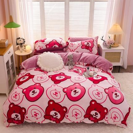 91家纺网 家纺一手货源 找家纺 芃成 2022新款加厚双面牛奶绒印花床品系列-四件套 酷酷熊