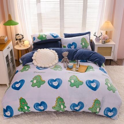 芃成 2022新款加厚双面牛奶绒印花床品系列-四件套 爱心恐龙
