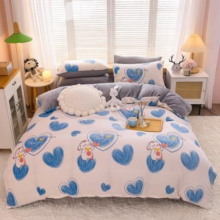 芃成 2022新款加厚双面牛奶绒印花床品系列-四件套 爱心兔