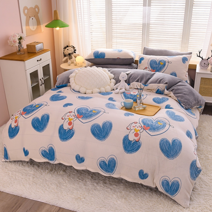 91家纺网 家纺一手货源 找家纺 芃成 2022新款加厚双面牛奶绒印花床品系列-四件套 爱心兔