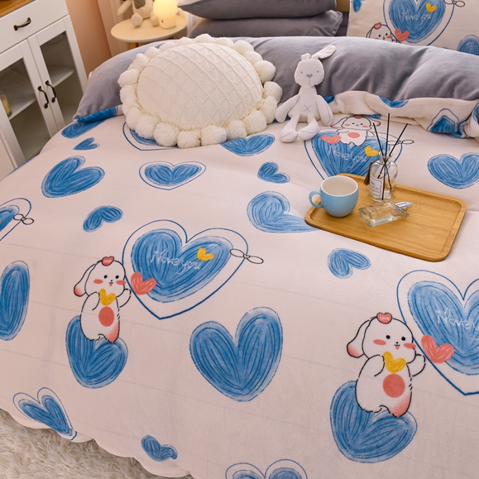 91家纺网 家纺一手货源 找家纺 芃成 2022新款加厚双面牛奶绒印花床品系列-四件套 爱心兔