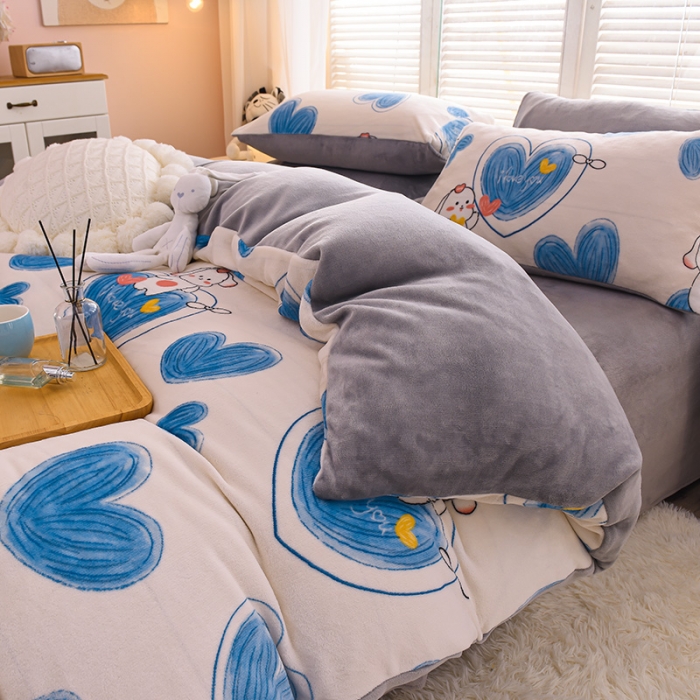 91家纺网 家纺一手货源 找家纺 芃成 2022新款加厚双面牛奶绒印花床品系列-四件套 爱心兔