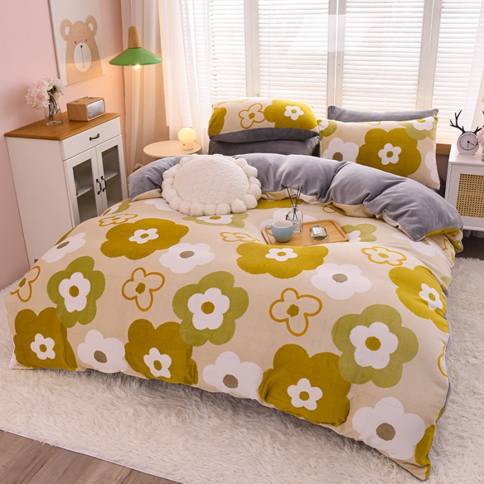 91家纺网 家纺一手货源 找家纺 芃成 2022新款加厚双面牛奶绒印花床品系列-四件套 静逸