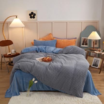 91家纺网 家纺一手货源 找家纺 一米阳光2022新款立方格高克重牛奶绒撞色四件套系列 立方格灰