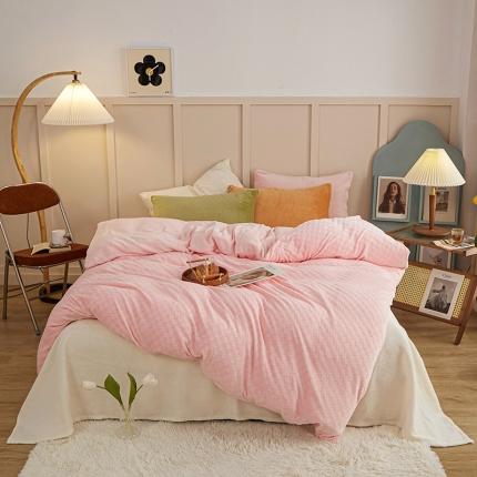 一米阳光2022新款立方格高克重牛奶绒撞色四件套系列 立方格粉