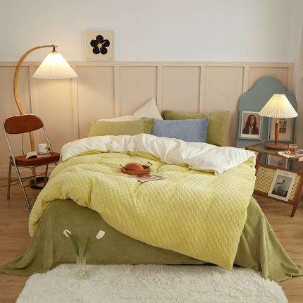 一米阳光2022新款立方格高克重牛奶绒撞色四件套系列 立方格黄绿