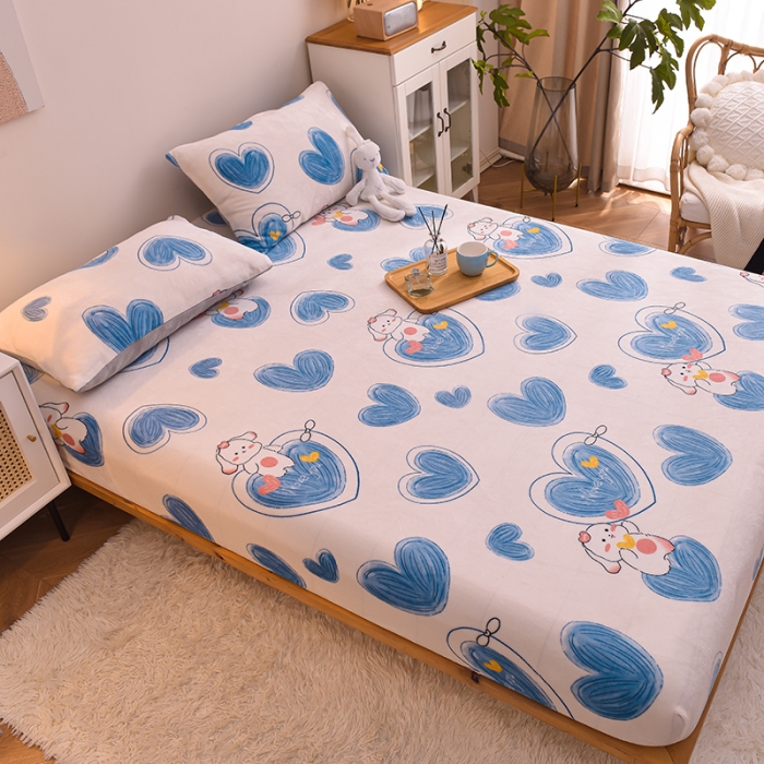 91家纺网 家纺一手货源 找家纺 芃成 2022新款加厚双面牛奶绒印花床品系列-单床笠 爱心兔