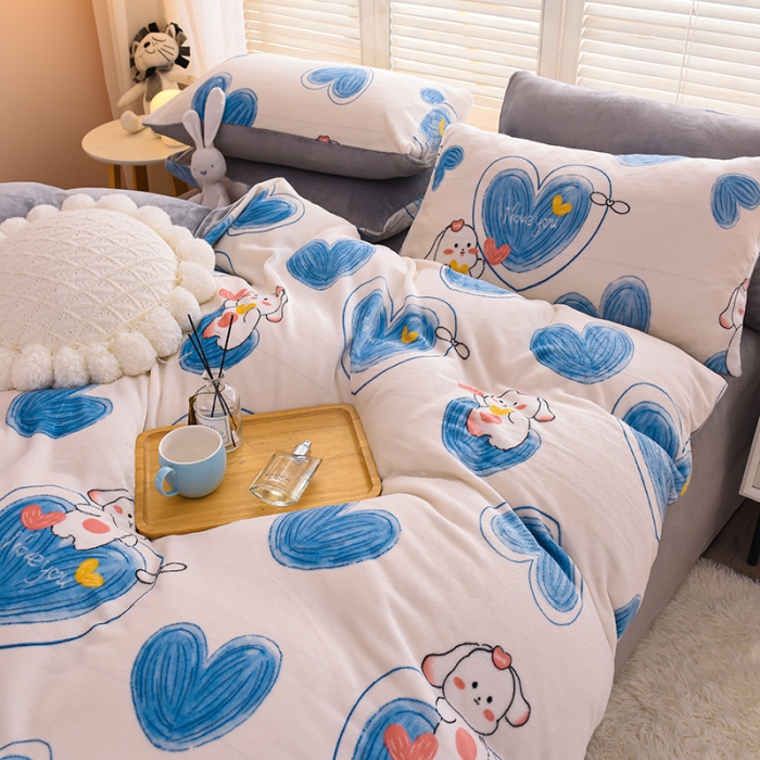 91家纺网 家纺一手货源 找家纺 芃成 2022新款加厚双面牛奶绒印花床品系列-单被套 爱心兔