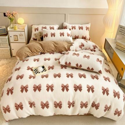 91家纺网 家纺一手货源 找家纺 澳梵 2022新款小颗粒美丽绒牛奶绒四件套 蝴蝶结