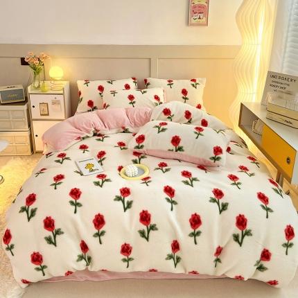 91家纺网 家纺一手货源 找家纺 澳梵 2022新款小颗粒美丽绒牛奶绒四件套 清晨玫瑰