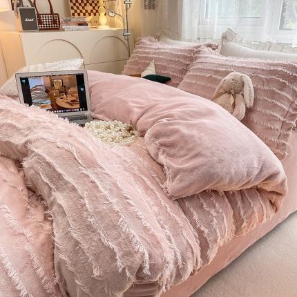 91家纺网 家纺一手货源 找家纺 HL原创 2022新款流苏牛奶绒四件套 粉