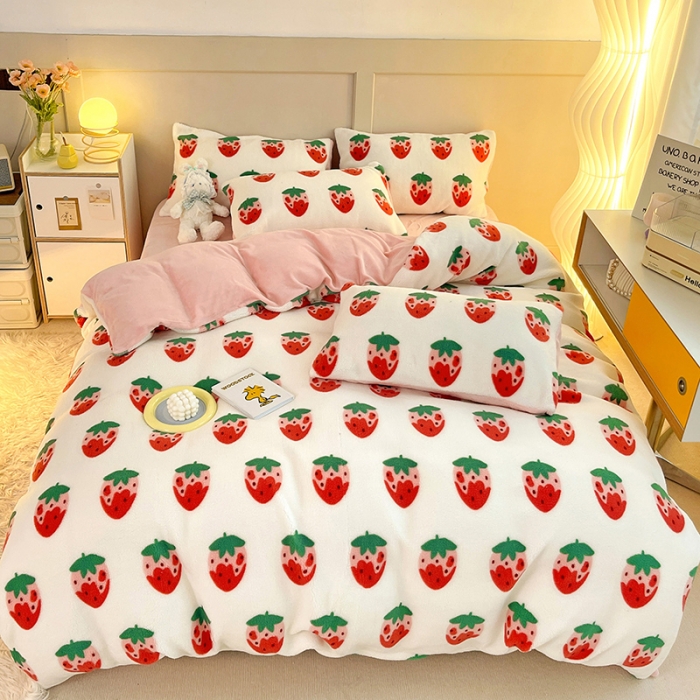 91家纺网 家纺一手货源 找家纺 澳梵 2022新款小颗粒美丽绒牛奶绒四件套 草莓味