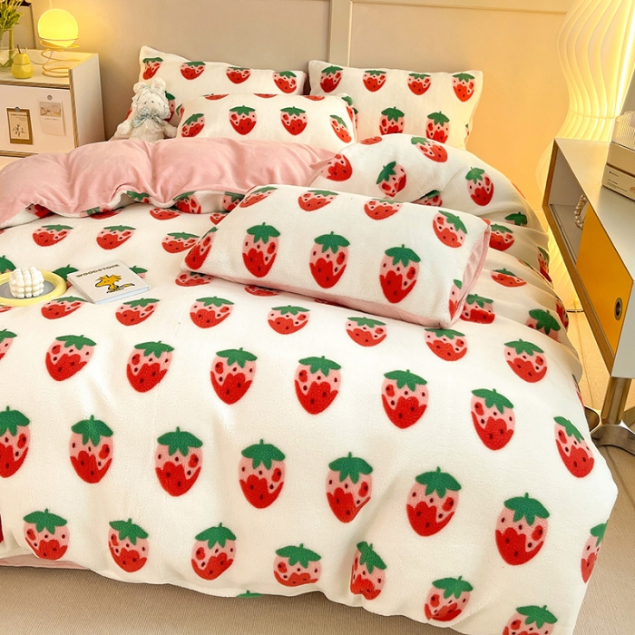 91家纺网 家纺一手货源 找家纺 澳梵 2022新款小颗粒美丽绒牛奶绒四件套 草莓味