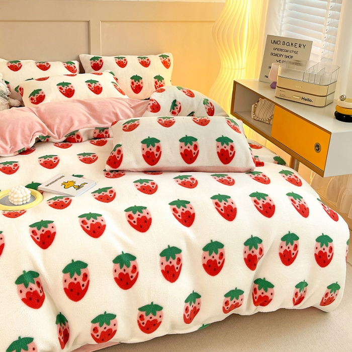 91家纺网 家纺一手货源 找家纺 澳梵 2022新款小颗粒美丽绒牛奶绒四件套 草莓味