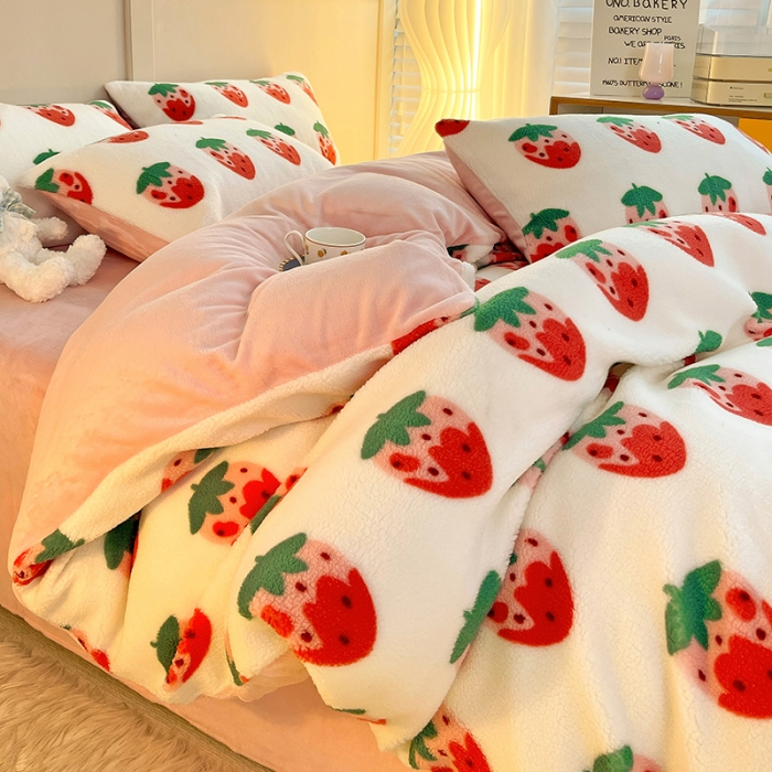 91家纺网 家纺一手货源 找家纺 澳梵 2022新款小颗粒美丽绒牛奶绒四件套 草莓味