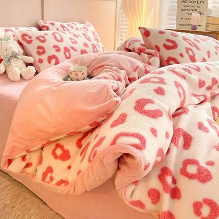 澳梵 2022新款小颗粒美丽绒牛奶绒四件套 粉色小豹纹