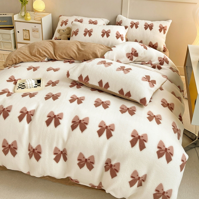 91家纺网 家纺一手货源 找家纺 澳梵 2022新款小颗粒美丽绒牛奶绒四件套 蝴蝶结