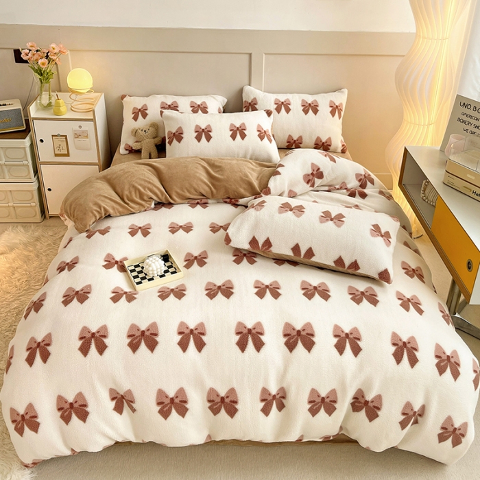 91家纺网 家纺一手货源 找家纺 澳梵 2022新款小颗粒美丽绒牛奶绒四件套 蝴蝶结