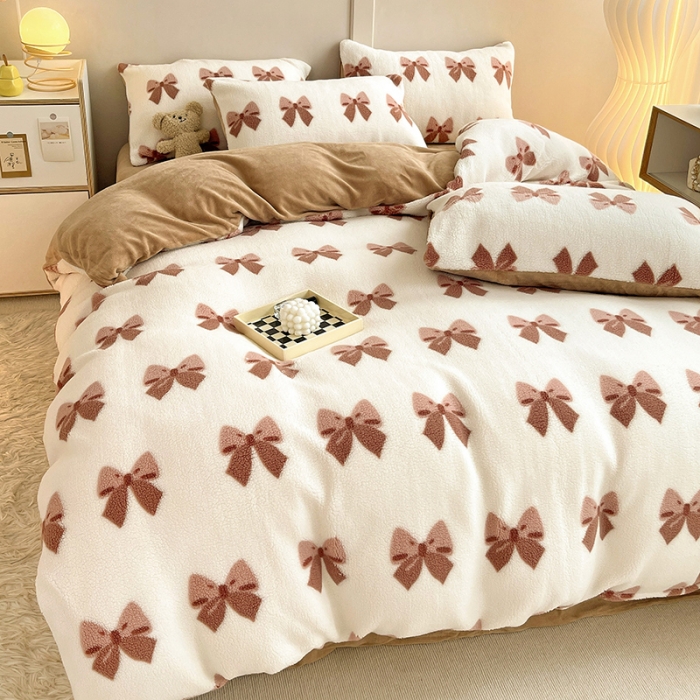 91家纺网 家纺一手货源 找家纺 澳梵 2022新款小颗粒美丽绒牛奶绒四件套 蝴蝶结