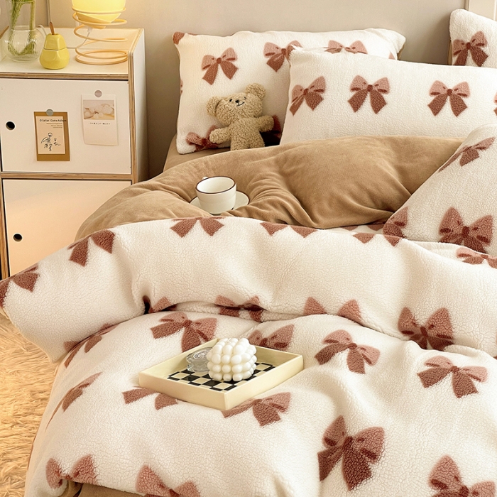 91家纺网 家纺一手货源 找家纺 澳梵 2022新款小颗粒美丽绒牛奶绒四件套 蝴蝶结