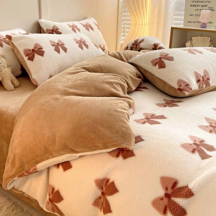 91家纺网 家纺一手货源 找家纺 澳梵 2022新款小颗粒美丽绒牛奶绒四件套 蝴蝶结