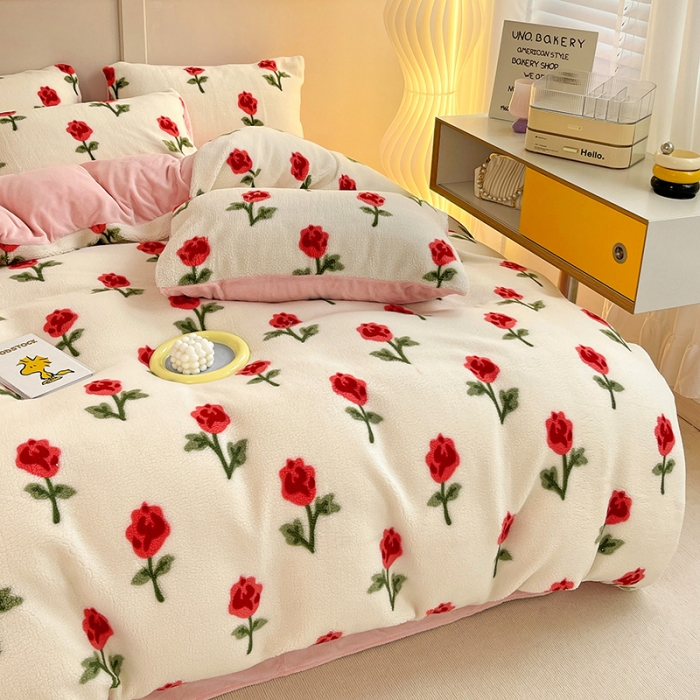 91家纺网 家纺一手货源 找家纺 澳梵 2022新款小颗粒美丽绒牛奶绒四件套 清晨玫瑰