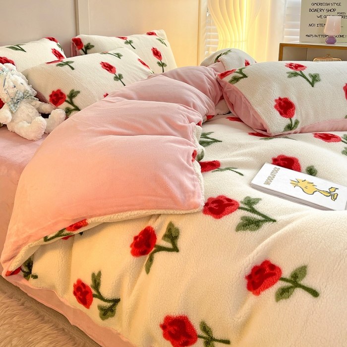 91家纺网 家纺一手货源 找家纺 澳梵 2022新款小颗粒美丽绒牛奶绒四件套 清晨玫瑰