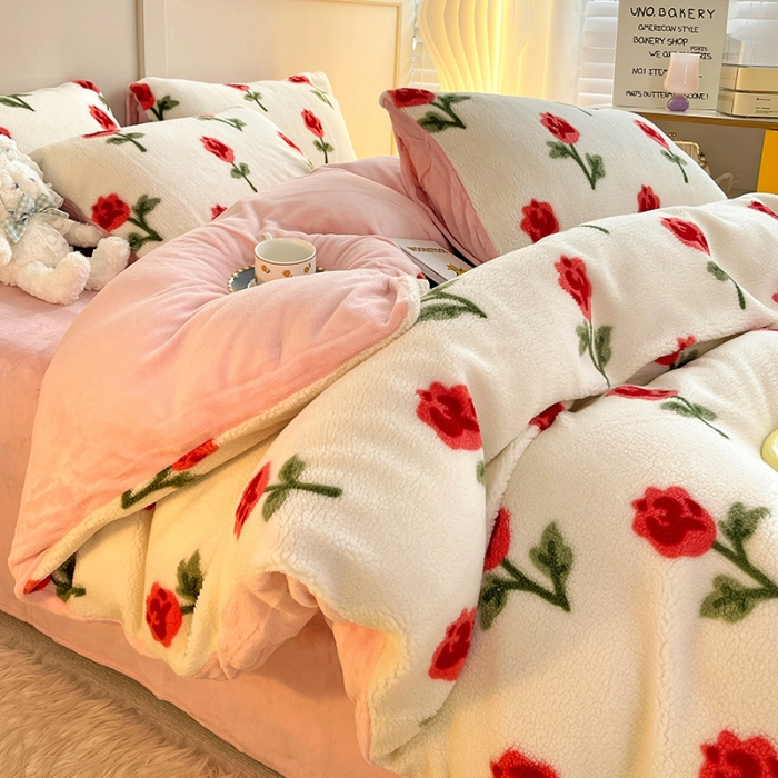 91家纺网 家纺一手货源 找家纺 澳梵 2022新款小颗粒美丽绒牛奶绒四件套 清晨玫瑰