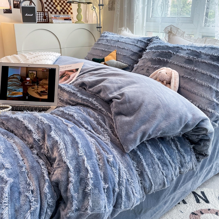 91家纺网 家纺一手货源 找家纺 HL原创 2022新款流苏牛奶绒四件套 牛仔蓝