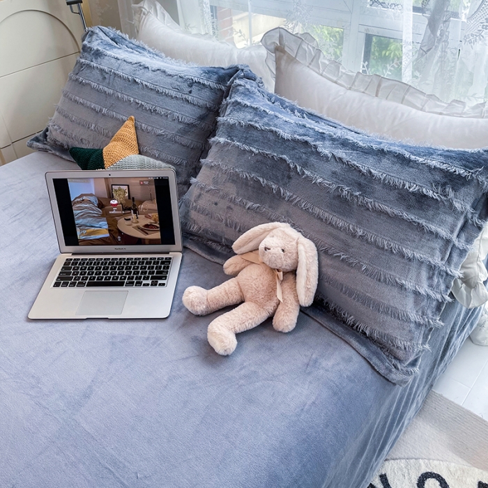 91家纺网 家纺一手货源 找家纺 HL原创 2022新款流苏牛奶绒四件套 牛仔蓝