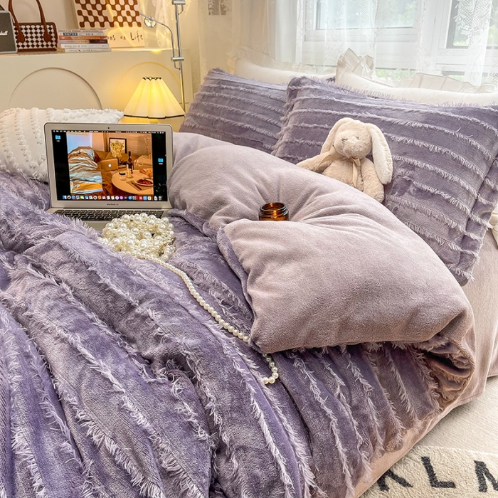 91家纺网 家纺一手货源 找家纺 HL原创 2022新款流苏牛奶绒四件套 紫