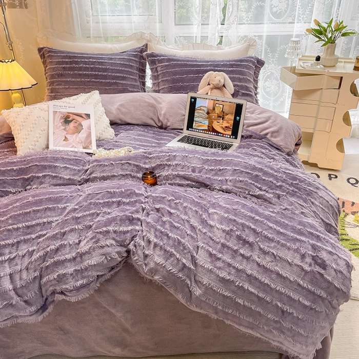 91家纺网 家纺一手货源 找家纺 HL原创 2022新款流苏牛奶绒四件套 紫