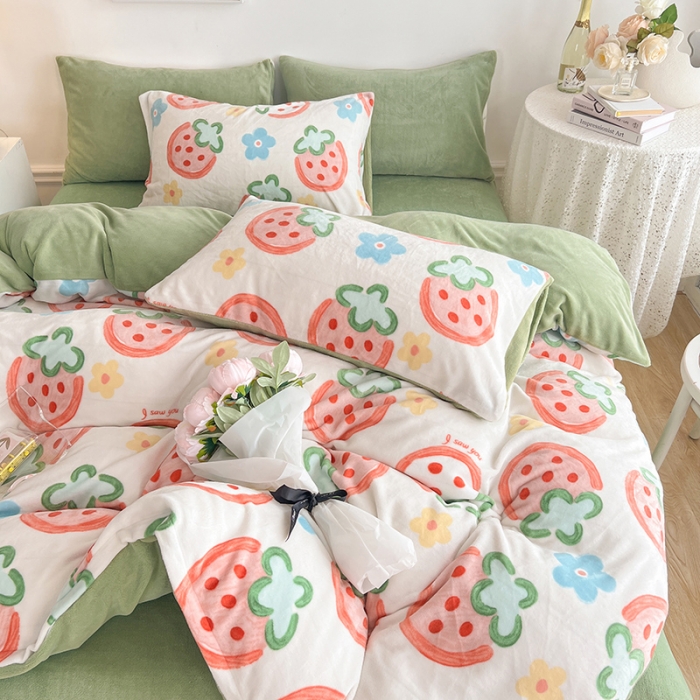 91家纺网 家纺一手货源 找家纺 澳梵 2022新款牛奶绒印花四件套 草莓派