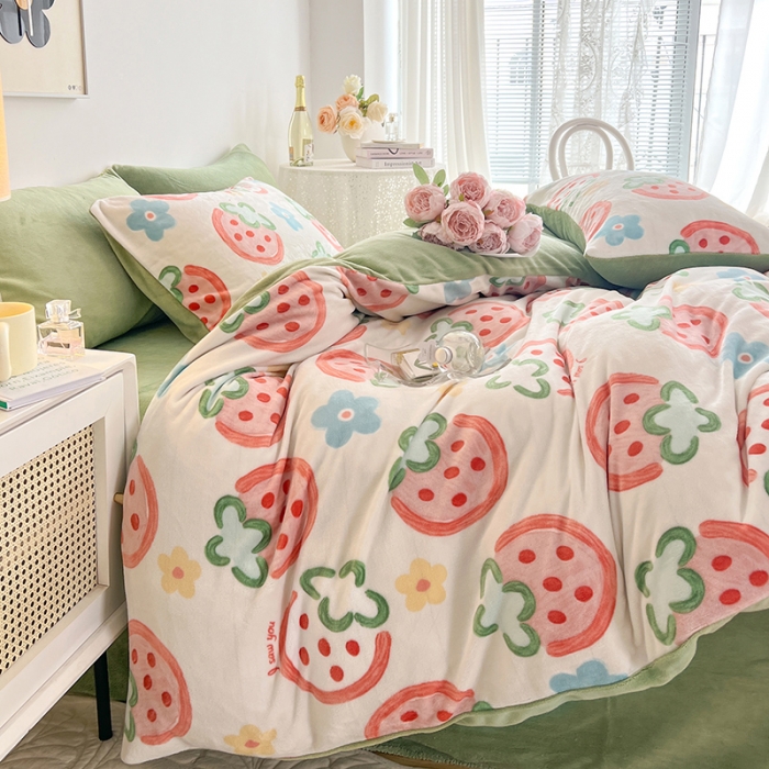 91家纺网 家纺一手货源 找家纺 澳梵 2022新款牛奶绒印花四件套 草莓派