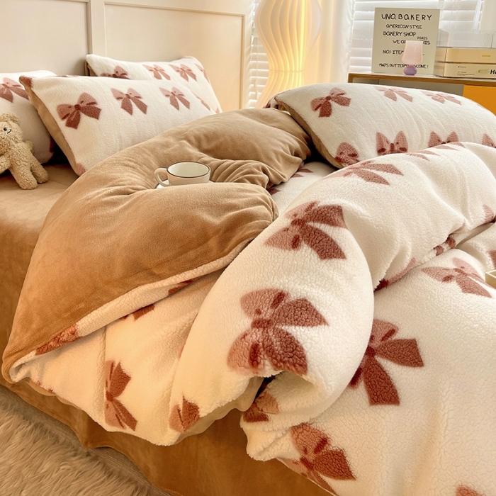 91家纺网 家纺一手货源 找家纺 澳梵 2022新款小颗粒美丽绒牛奶绒四件套 蝴蝶结